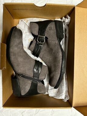 Born Kati Grey Suede Ankle Boots with Black Leather Accen